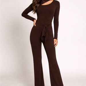 Studio Chocolate Brown Long-Sleeve Tie-Waist Jumpsuit